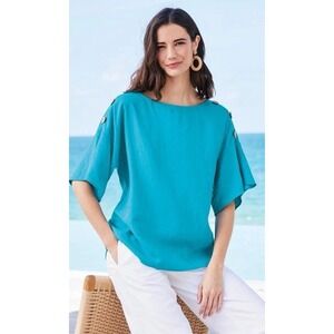 Soft Surroundings Linen Blend Blouse Top Women L Coastal Beachy Resort Relax